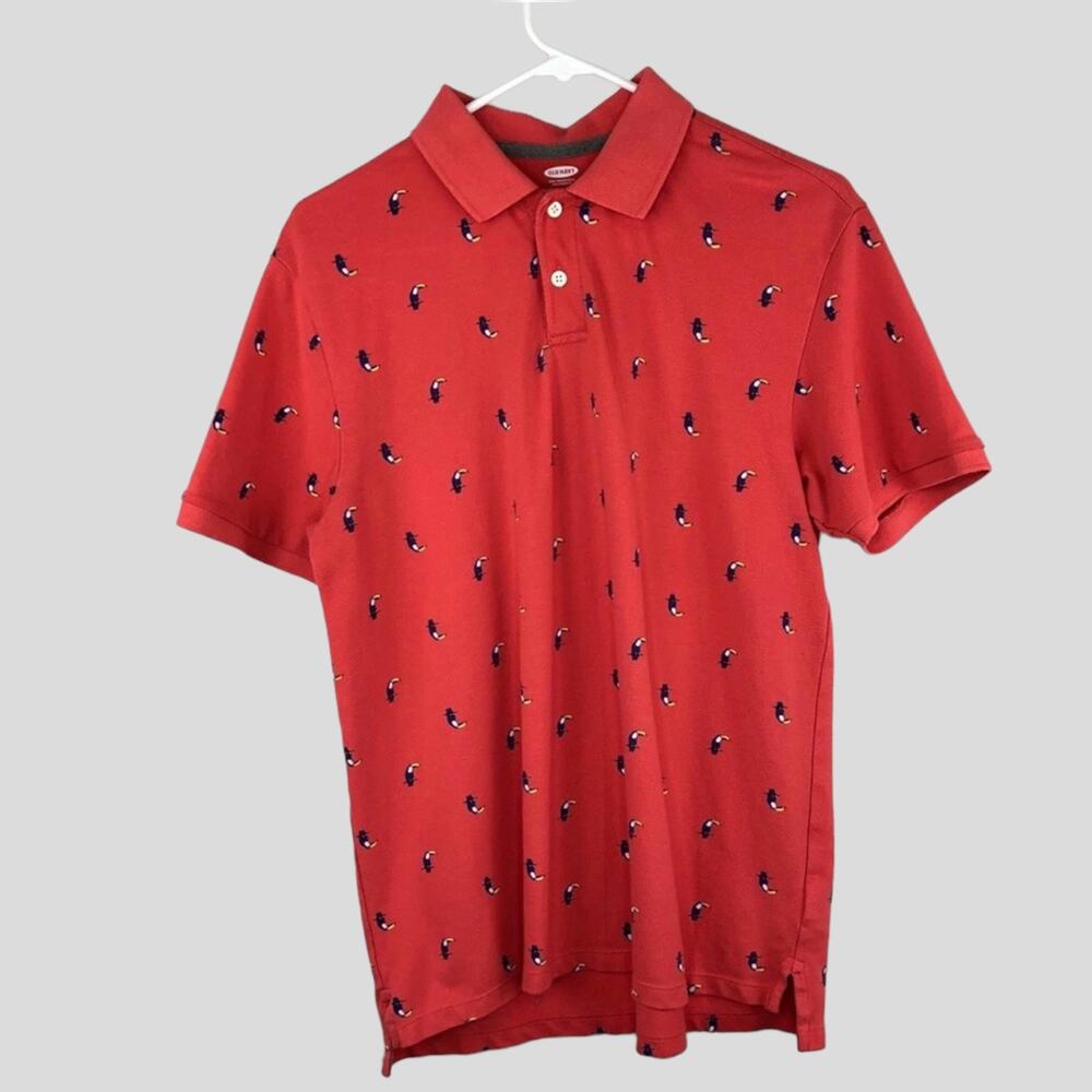 Old Navy Polo Shirt Youth Size M Salmon with All Over Toucan Print Short Sleeve